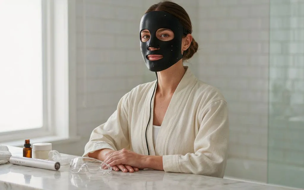 Woman safely using an at-home LED facial device