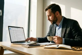 Professional reviewing personalized cold email outreach on a laptop