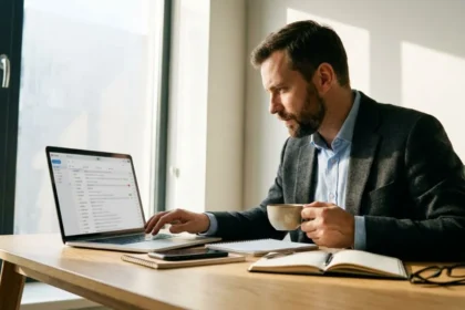 Professional reviewing personalized cold email outreach on a laptop