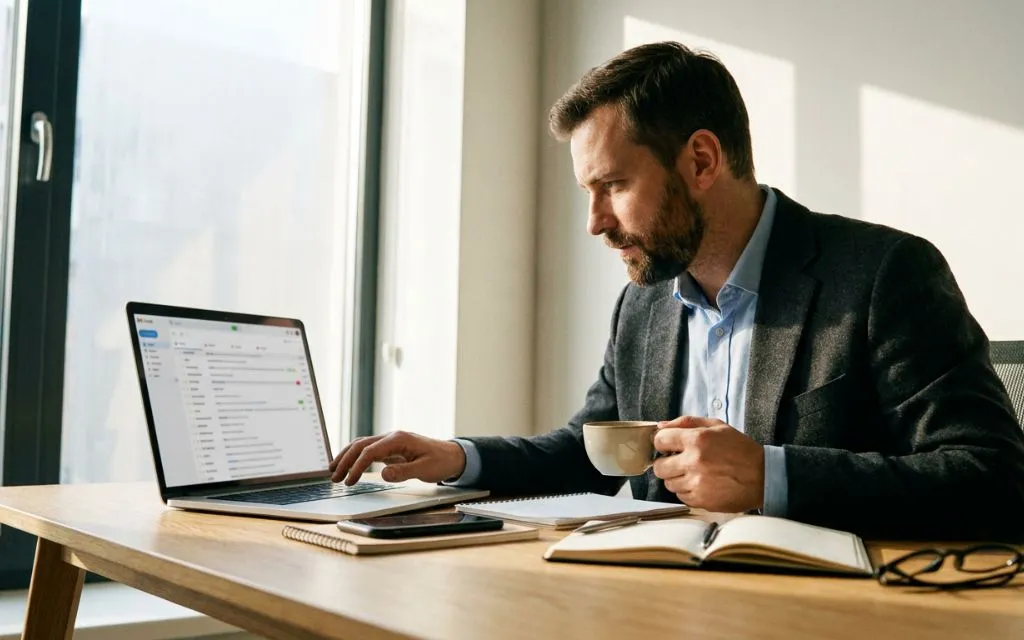 Professional reviewing personalized cold email outreach on a laptop