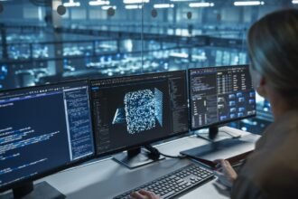 Computer workstation displaying artificial intelligence models and machine learning interfaces