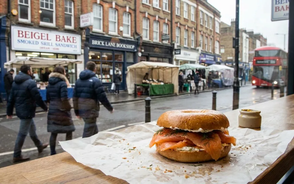 Fresh beigel sandwich at a traditional food shop near Brick Lane in London