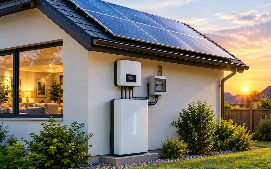 Home solar battery storage system with rooftop solar panels, inverter, and residential battery