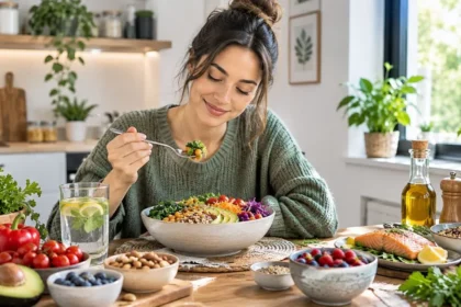 Healthy longevity diet featuring vegetables, berries, lentils, whole grains, nuts, and seeds.