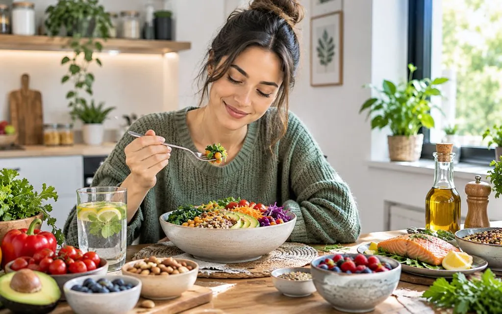 Healthy longevity diet featuring vegetables, berries, lentils, whole grains, nuts, and seeds.
