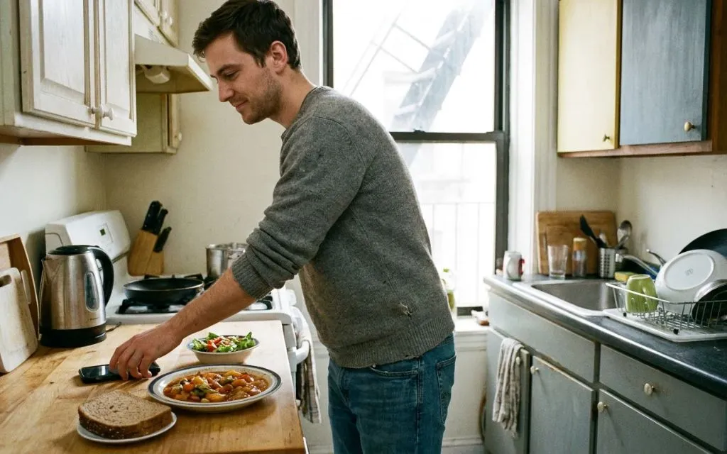 A person setting aside a smartphone before eating a meal without distractions.
